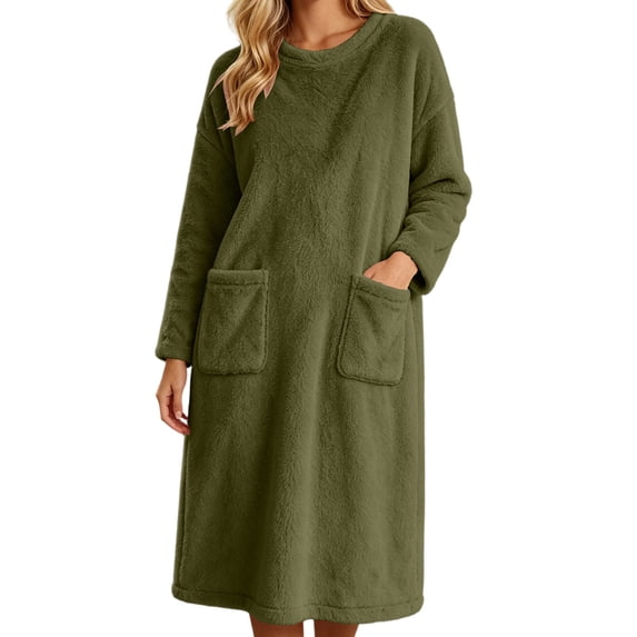 Fancifize Sherpa Fleece Nightgown for Women Crewneck Long Sleeve Fuzzy Winter Warm Nightdress Sleepwear with Pockets