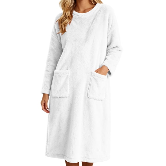 Fancifize Sherpa Fleece Nightgown for Women Crewneck Long Sleeve Fuzzy Winter Warm Nightdress Sleepwear with Pockets