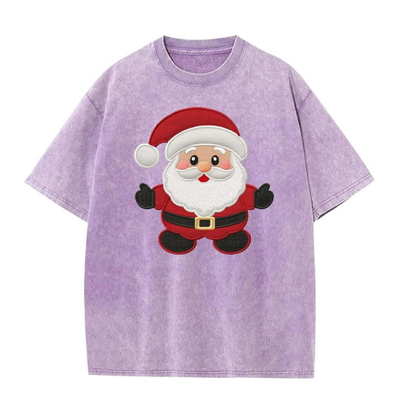 Fancifize Short Sleeve Shirts for Women Crew Neck Retro Santa Claus Graphic Shirt Casual Xmas Holiday Outfits Loose Fall Pullover Tops