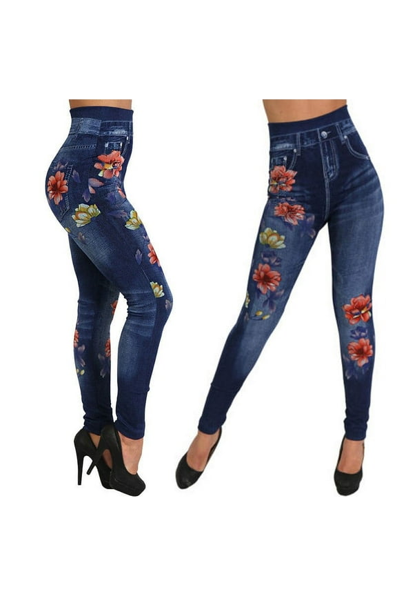 Stretch Soft High Waisted Jeggings for Women Jean Look Leggings Jeggings Womens Tummy Control Floral Print Leggings Pants