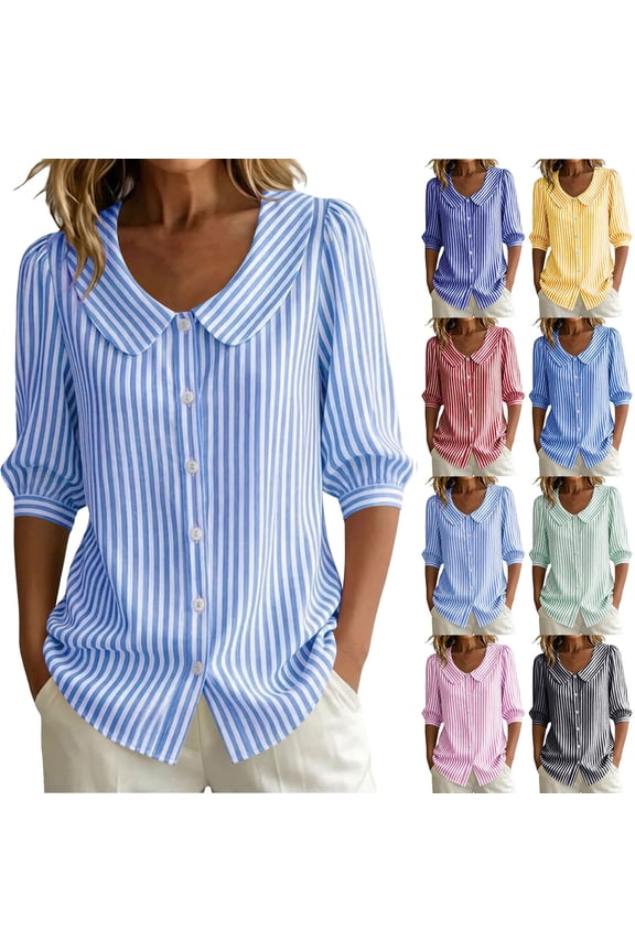 Striped Shirt for Women 3/4 Sleeve Puff Cuff Button Button Down Collar Blouses Vacation Summer Casual Tops