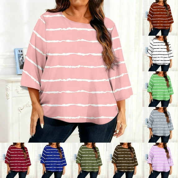 Fancifize Striped Shirts for Women Plus Size Casual Tops 3/4 Sleeve Soft Comfort T Shirt Crew Neck Loose Fit Outfits Summer Vacation Clothes