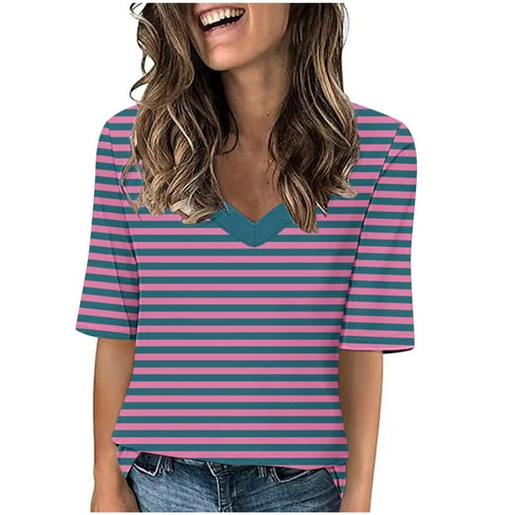 Fancifize Summer Clearance Summer Tops for Women Striped 2024 Fashion T Shirts for Women Color Blocking Short Sleeve Basic Blouse V Neck Loose Casual T Shirt