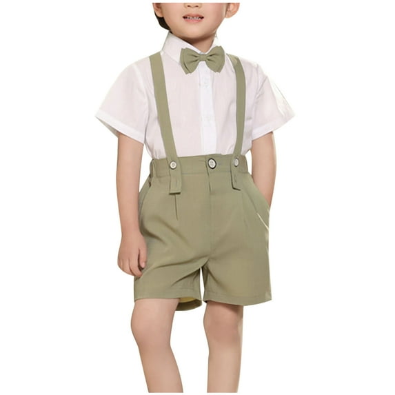 Fancifize Boys' Formal 4-Piece Set 2-13Y - Short Sleeve Shirt + Suspenders & Bow Tie, Summer Wedding Suit with Dress Shorts