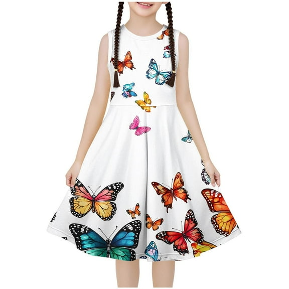 Fancifize Butterfly Print Dance Dress for Girls 4-14 Years - Sleeveless Performance A-Line Dress with Elastic Waist Mid Length Pleated Dress