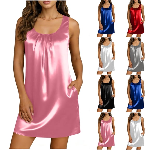 Fancifize Summer Dress for Women Sleeveless Dresses Silk Satin Casual Dress Crew Neck Loose Clothes Comfort Loungewear with Pockets