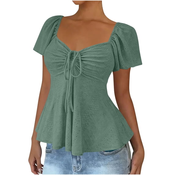 Fancifize Summer Shirts for Women Short Sleeve Pleated T Shirt Spring Trendy Tunic Tops Casual V Neck Going Out Y2k Outfits