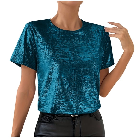 Fancifize Summer Shirts for Women Short Sleeve Sequin Printed T Shirt Going Out Casual Tops Crew Neck Loose Fashion Outfits