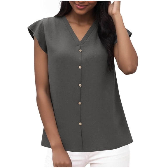 Fancifize Summer Tops for Women Button Down Blouses Casual V Neck Dressy Shirts Ruffle Sleeve Spring Trendy Outfits