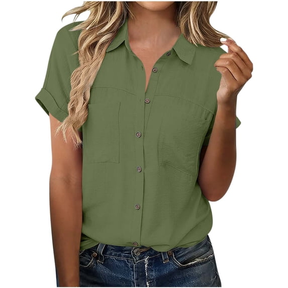 Fancifize Summer Tops for Women Cotton Linen Short Sleeve Shirts Dressy Casual Work Tshirt Button Down Collared Outfits with Pockets