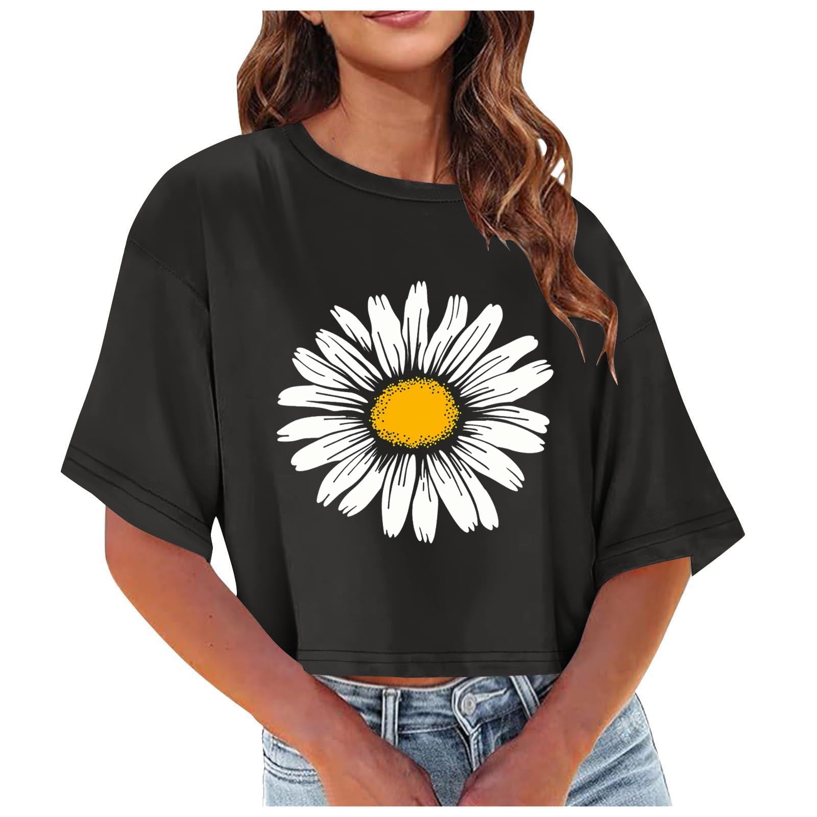 Sunflower Graphic Shirt for Women Cute Short Sleeve Cropped Tee Tops Teen Girls Flower Printed Casual T Shirt