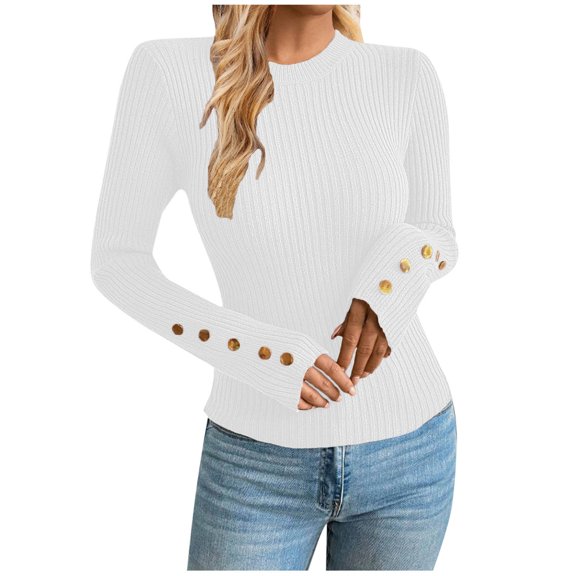Fancifize Sweaters for Women Crew Neck Lightweight Knit Pullover Sweater Casual Long Sleeve Blouse Tops Business Oufits with Buttons
