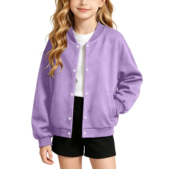 Fancifize Teens Girls Fleece Bomber Jacket, Button Down Long Sleeve Coat with Pockets, Kids Fall Lightweight Outerwear