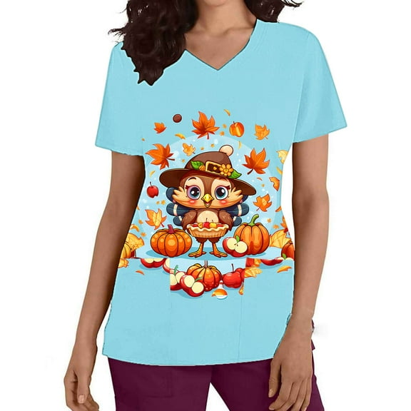 Fancifize Thanksgiving Scrub Tops Women Turkey Printed Holiday Nursing T-Shirt Scrubs Tops Womens Holiday Fall Cute Printed Workwear Medical Uniforms