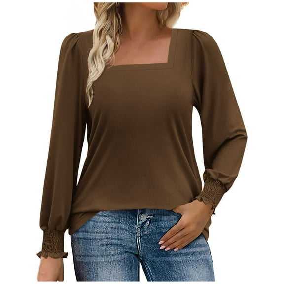 Fancifize Tops for Women Casual Smoked Puff Sleeve Tunic Blouse Square Neck T Shirts Lightweight Outdoor Top Fall Trendy Outfits