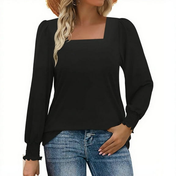 Fancifize Tops for Women Casual Smoked Puff Sleeve Tunic Blouse Square Neck T Shirts Lightweight Outdoor Top Fall Trendy Outfits