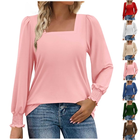 Fancifize Tops for Women Casual Smoked Puff Sleeve Tunic Blouse Square Neck T Shirts Lightweight Outdoor Top Fall Trendy Outfits