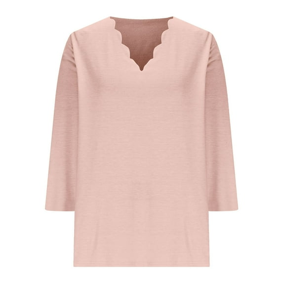Fancifize V Neck Tops for Women 3/4 Sleeve Shirts Lettuce Trim Casual T Shirts Fall Fashion Loose Fit Outfits
