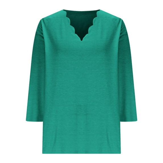 Fancifize V Neck Tops for Women 3/4 Sleeve Shirts Lettuce Trim Casual T Shirts Fall Fashion Loose Fit Outfits