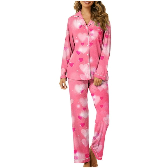 Fancifize Valentine's Day Pajamas for Women Long Sleeve Button Down Sleepwear Love Heart Print Soft Loungewear Pjs Set Festival Party Matching Pajamas