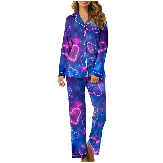 Fancifize Valentine's Day Pajamas for Women Long Sleeve Button Down Sleepwear Love Heart Print Soft Loungewear Pjs Set Festival Party Matching Pajamas