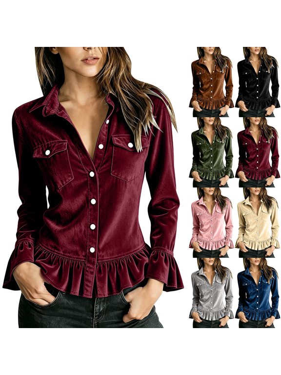 Vintage Velvet Shirts for Women Ruffle Hem Button Down Blouse Trendy Elegant Party Daily Wear Tops