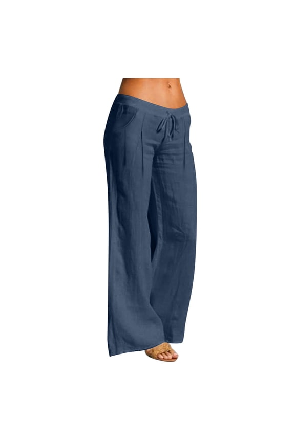 Wide Leg Pants for Women Trendy Drawstring Waist Cotton Linen Pant Loose Fit Dressy Palazzo Trousers Vacation Clothes with Pockets