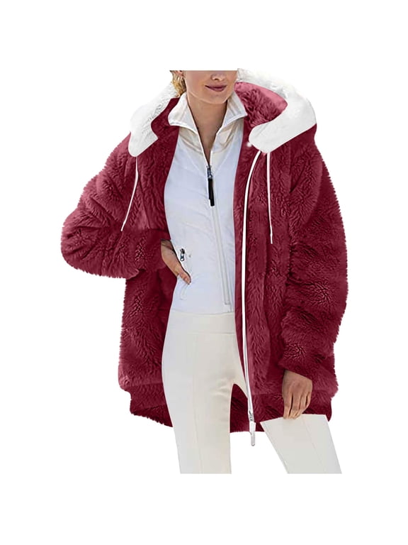 Winter Coats for Women Fuzzy Fleece Hooded Jacket Causal Color Block Zip Up Coat Oversized Warm Fashion Outerwear with Pockets