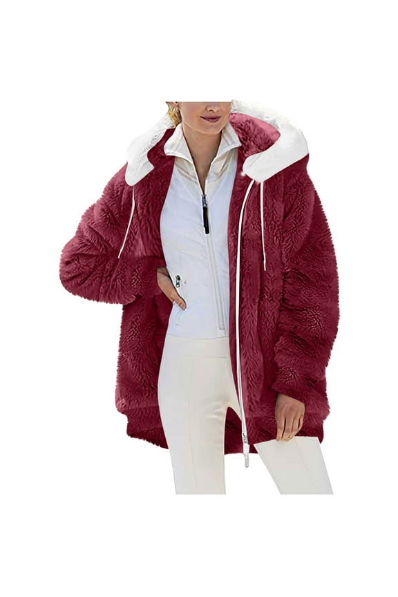 Winter Coats for Women Fuzzy Fleece Hooded Jacket Causal Color Block Zip Up Coat Oversized Warm Fashion Outerwear with Pockets