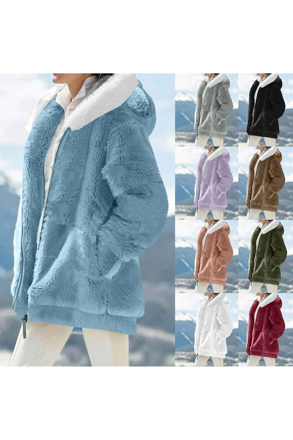 Winter Coats for Women Fuzzy Fleece Hooded Jacket Causal Color Block Zip Up Coat Oversized Warm Fashion Outerwear with Pockets