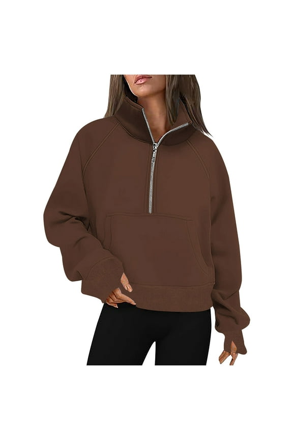 Women Casual Quarter Zip Fleece Sweatshirts Long Sleeve Collar Pullover Top Comfy Athletic Workout Fit Outfits with Pocket