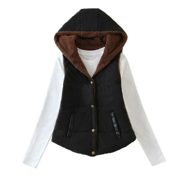 Fancifize Women Fleece Lined Hooded Vest Fall Winter Lightweight Button Down Sleeveless Jackets Casual Warm Waistcoat Outerwear with Pockets