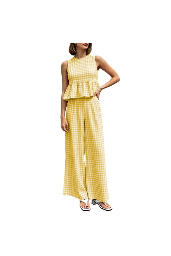 Women Gingham 2 Piece Sets Summer Ruffle Hem Tank Tops High Waist Wide Leg Pants Casual Outfits