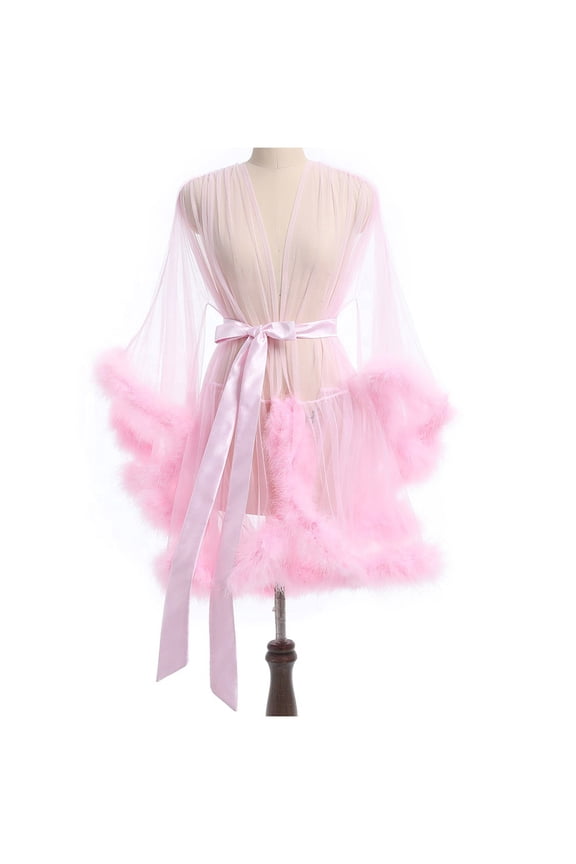 Fancifize Women Kimono Robe Sexy Sheer Mesh Furry Robe Lingerie Bridal Robes for Women Tulle Robe Bathrobe Nightgown