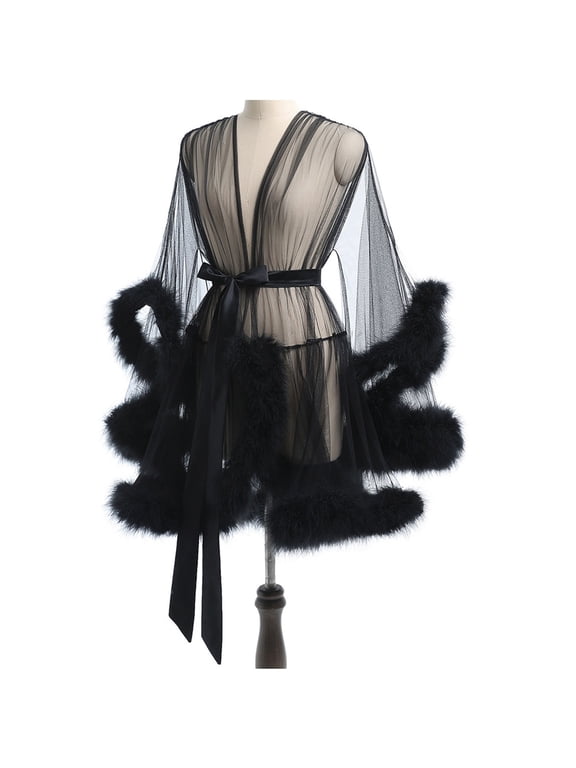 Women Kimono Robe Sexy Sheer Mesh Furry Robe Lingerie Bridal Robes for Women Tulle Robe Bathrobe Nightgown