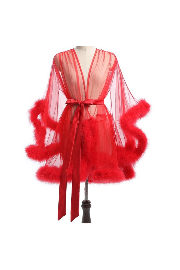 Fancifize Women Kimono Robe Sexy Sheer Mesh Furry Robe Lingerie Bridal Robes for Women Tulle Robe Bathrobe Nightgown