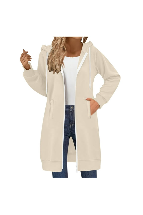 Women Long Hoodies Double Zipper Fleece Jacket Tunic Sweatshirts Fall Winter Fashion Clothes