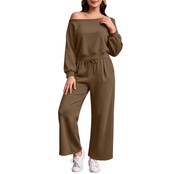 Fancifize Women Off Shoulder Sweatsuit Sets, Long Sleeve Sweatshirts and Wide Leg Sweatpants, 2 Piece Outfits