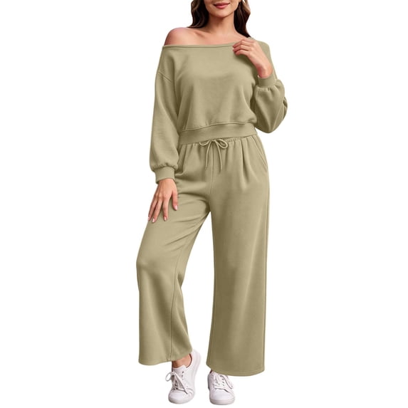 Fancifize Women Off Shoulder Sweatsuit Sets, Long Sleeve Sweatshirts and Wide Leg Sweatpants, 2 Piece Outfits