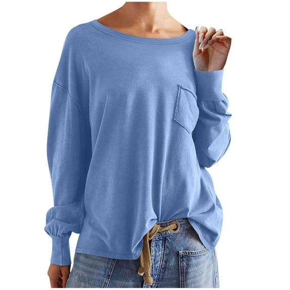 Fancifize Women Oversized T-Shirts Long Sleeve Casual Crewneck Tunic Tops with Pocket Fashion Solid Color Loose Soft Blouse