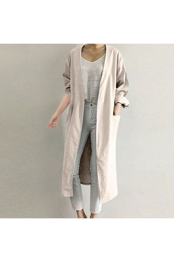 Women Plus Size Cotton Linen Maxi Cardigan Long Open Front Drape Lightweight Duster Cardigan Casual Plain Long Sleeve Cardigan S-5XL