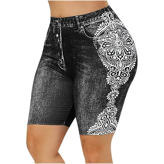 Fancifize Women Plus Size Denim Print Yoga Shorts High Waist Hip Lifting Workout Leggings Athletic Shorts For Fitness Sports L,Black