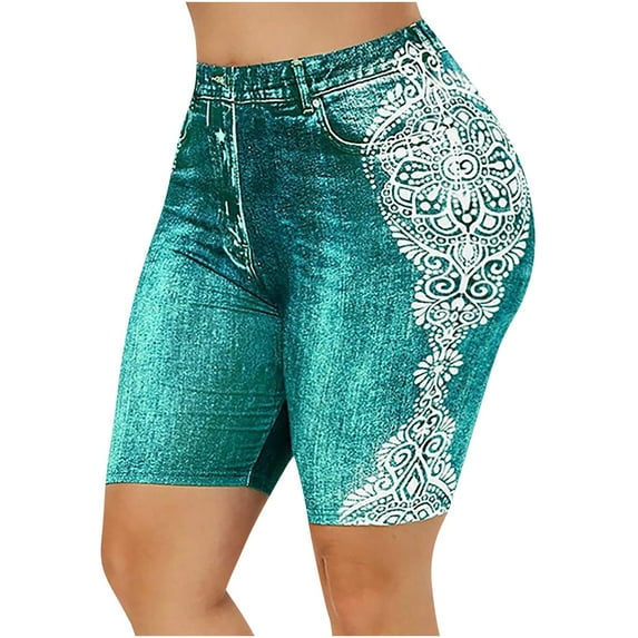 Fancifize Women Plus Size Denim Print Yoga Shorts High Waist Hip Lifting Workout Leggings Athletic Shorts For Fitness Sports XXXXXL,Green
