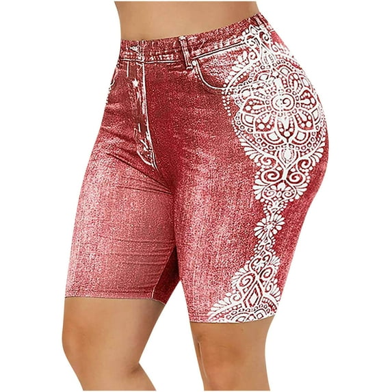 Fancifize Women Plus Size Denim Print Yoga Shorts High Waist Hip Lifting Workout Leggings Athletic Shorts For Fitness Sports XXXL,Red