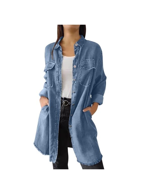 Women Plus Size Denim Shirt Jacket Long Sleeve Button Down Shacket Jean Tops Casual Distressed Washed Ripped Frayed Hem Jean Jacket