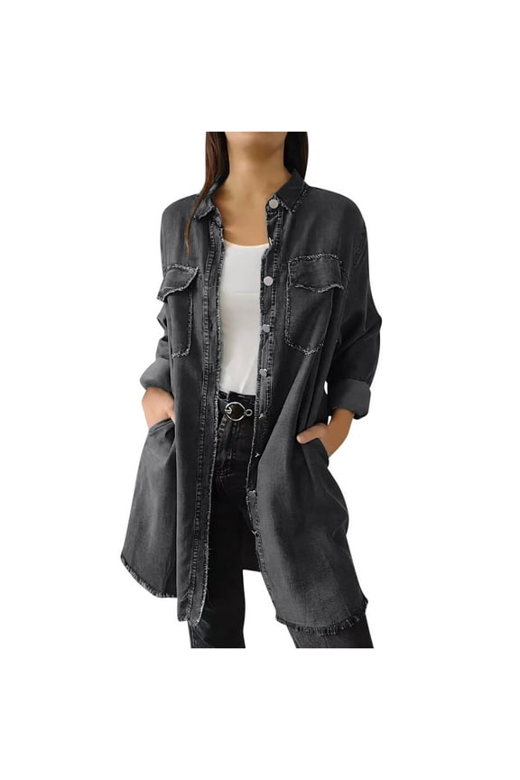 Women Plus Size Denim Shirt Jacket Long Sleeve Button Down Shacket Jean Tops Casual Distressed Washed Ripped Frayed Hem Jean Jacket