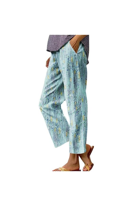 Women Printed Beach Pants Straight Leg Tropical Vacation Pants UPF 50+ Sun Protection Lightweight Trousers S,Light Blue