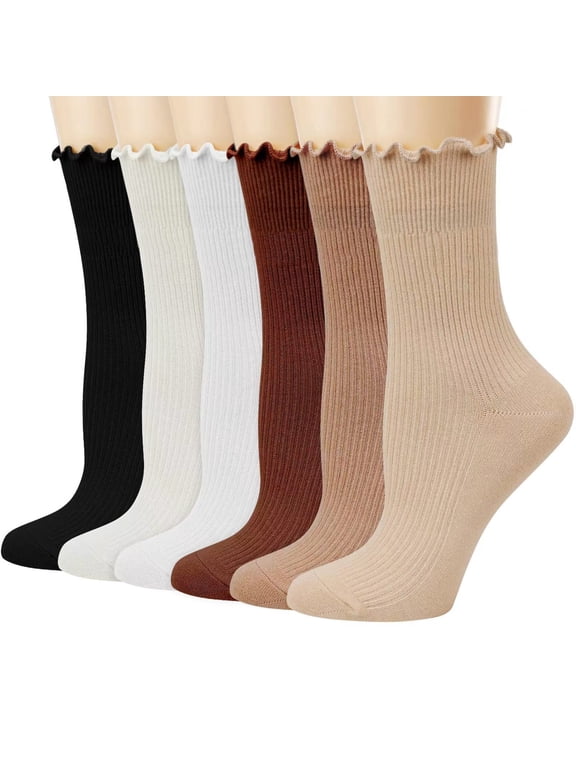 Women Ribbed Mid Socks Casual Soft Stretch Solid Color Lettuce Edge Cute Socks for Fall Winter,Beige