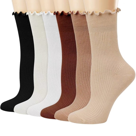 Fancifize Women Ribbed Mid Socks Casual Soft Stretch Solid Color Lettuce Edge Cute Socks for Fall Winter,White