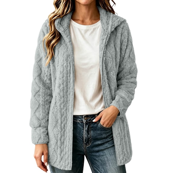 Fancifize Women Sherpa Fleece Hooded Coat Long Sleeve Oversized Jacquard Jacket Winter Warm Outerwear with Pockets
